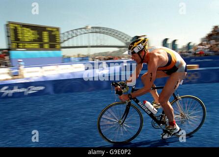 Rob Barel of the Netherlands at the start of the cycle stage of the triathlon Stock Photo