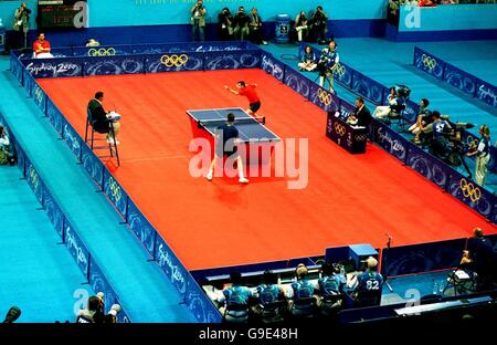 China's Linghui Kong in action against Sweden's Jan-Ove Waldner for the Gold medal Stock Photo