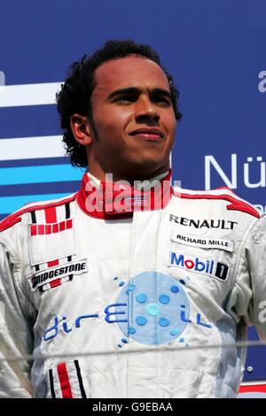 Race winner Lewis Hamilton (GBR) celebrates on the podium ... Motor Racing - Lewis Hamilton Feature ... 13-06-2006 ... Nurburgring ... Germany ... Photo Credit should read: NULL/Unique Reference No. 3618291 ... NULL Stock Photo