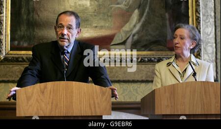 Britain's Foreign Secretary Margaret Beckett (right) listens as EU foreign policy chief Javier Solana speaks during a news conference at the Foreign and Commonwealth Office in London. Stock Photo