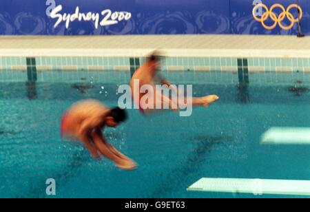 Sydney 2000 Olympics - Diving - Men's Synchronized 3m Springboard. Blurred action from the Men's Synchronized 3m Springboard Stock Photo