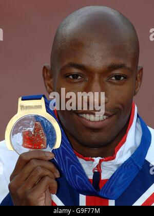 Great Britain's Marlon Devonish with his Bronze Medal from the 200m event during the European Athletics Championships in Gothenburg, Sweden. Stock Photo
