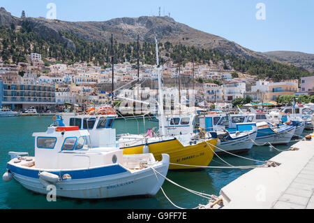 Fishing boats in harbour, Pothia (Pothaia), Kalymnos, The Dodecanese, South Aegean Region, Greece Stock Photo