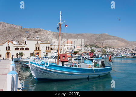 Fishing boats in harbour, Pothia (Pothaia), Kalymnos, The Dodecanese, South Aegean Region, Greece Stock Photo