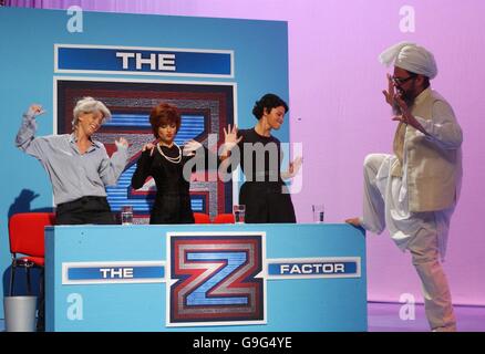 (Left-right) Sarah Harding (Louis Walsh), Cheryl Tweedy (Sharon Osbourne) and Kimberley Walsh (Simon Cowell) from Girls Aloud join Alan Carr to search for The Z Factor during a sketch for the final episode of The Friday Night Project, from the London Studios on the Southbank, south London. Stock Photo