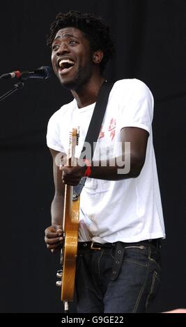 Kele Okereke of Bloc Party performs at the V Festival at Hylands Park in Chelmsford, Essex. Stock Photo