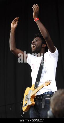 Kele Okereke of Bloc Party performs at the V Festival at Hylands Park in Chelmsford, Essex. Stock Photo