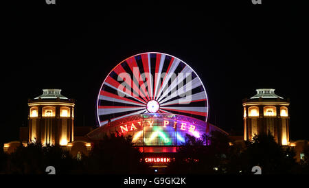 A view of Navy Pier and the new centennial ferris wheel at night in Chicago, Illinois, United States of America. Stock Photo