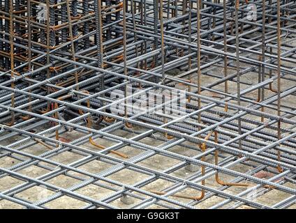 Reinforced steel bars are being prepared for a concrete foundation Stock Photo