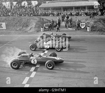 Part two of the Race of Champions gets underway, as Jim Clark (5), Dan Gurney (7) and Mike Spence (6) move off from the start Stock Photo