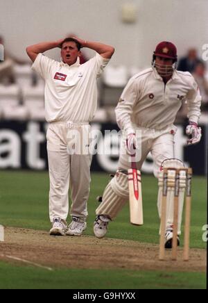 Cricket - NatWest Trophy - Round Four - Northamptonshire v Yorkshire. Yorkshire's Darren Gough puts his hands on his head after a close shave Stock Photo