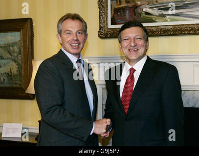 Britain's Prime Minister Tony Blair (left) greets visiting European Commission President Jose Manuel Barroso of Portugal during a meeting at Blair's 10 Downing Street official residence in central London. Stock Photo