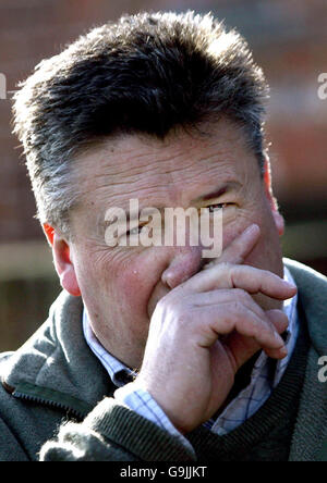 Paul Nicholls speaks to the press after he paraded his horse Kauto Star at Manor Farm Stables, Ditcheat, Shepton Mallet, Somerset. Stock Photo