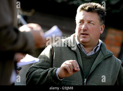 Paul Nicholls speaks to the press after he paraded his horse Kauto Star at Manor Farm Stables, Ditcheat, Shepton Mallet, Somerset. Stock Photo