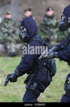 Members of the Garda Emergency Response Unit takes part in a multi-agency chemical and biological attack simulation at the Curragh army camp in Co Kildare. Stock Photo