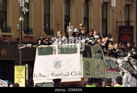 Soccer - Nationwide League Division One - Fulham Trophy Celebrations. Fulham's Owner Mohamed Al Fayed heads the celebrations as Jean Tigana's team enjoy promotion to the Premier League . Stock Photo