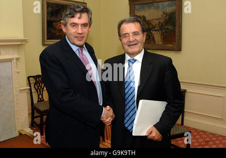 Britain's Chancellor of the Exchequer Gordon Brown greets Italian Prime Minister Romano Prodi at 11, Downing Street, central London. Stock Photo