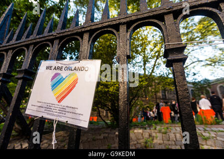 New York, USA 29 June 2016 As part of Gun Violence Awareness Months volunteers planted Orange t-shirts in the yard of St Mark's Church in the Bowery which bear the names of Gun Violence victims ©Stacy Walsh Rosenstock Stock Photo