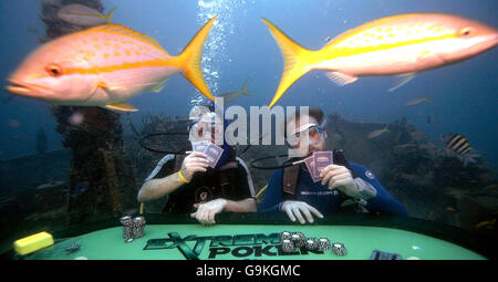 British comedian Norman Pace (left) and Les Zarebinski, from Poland (right) play a practice game of Poker, on Monday 27 November, on the ship wreck of the river Taw, off the coast of Saint Kitts in the Caribbean. Stock Photo