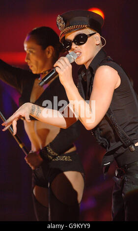 FOR . Singer Pink performs live on stage at Wembley Arena in London. Stock Photo
