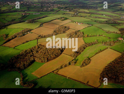 Countryside and fields. An aerial view of the South East Countryside in Kent. Stock Photo