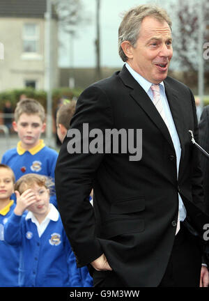 Britain's Prime Minister Tony Blair meets students during a visit to Burradon Primary School, in Newcastle. Stock Photo