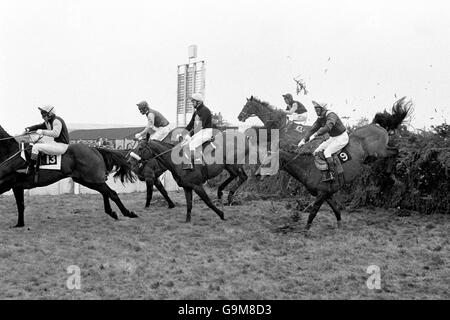 Horse Racing - 1975 Grand National - Aintree. Red Rum ridden by Brian Fletcher (No1), Rag Trade ridden by John Francome (No27) and Money Market ridden by J.King (No9) jump 'The Chair' Stock Photo