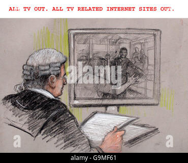 Artist drawing of prosecuting council Nigel Sweeney QC viewing CCTV footage of Ramzi Mohammed on a busy Tube train before 'detonating' his bomb. Stock Photo