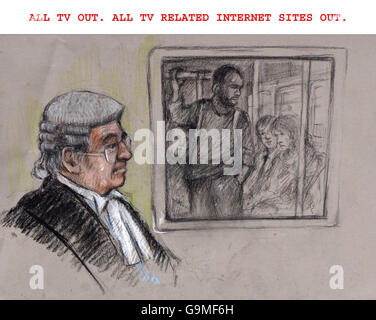 Artist drawing of prosecuting council Nigel Sweeney QC viewing CCTV footage of Ramzi Mohammed on a busy Tube train with a rucksack and turning with his back towards a mother and her child before 'detonating' his bomb. Stock Photo