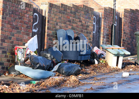 Discarded rubbish near housing in Benwell, near Newcastle upon Tyne. Stock Photo