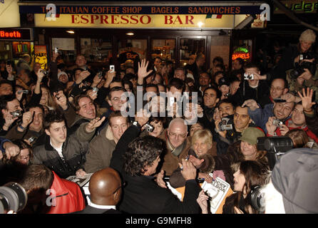 Fans mob Sylvester Stallone as he arrives for the UK Premiere of Rocky Balboa at the Vue Leicester Square in central London. Stock Photo