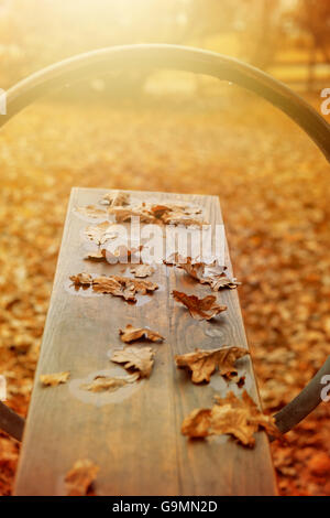 empty seesaw with autumn leaves on it Stock Photo