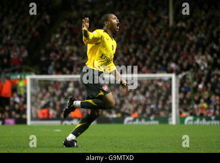 Arsenals Julio Baptista celebrates scoring his first goal during the Carling Cup Quarter Final match at Anfield, Liverpool. Stock Photo