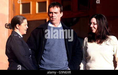 Paul Beshenivsky, husband of murdered WPC Sharon Beshenivsky, with Police Officer Teresa Milburn (left) and close friend of Sharon, Sally Barandiaran, at Newcastle Crown Court awaiting sentence from the judge in the trial of the men convicted of killing his wife. Stock Photo