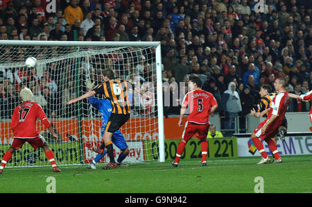 Soccer - FA Cup - Third Round - Hull City v Middlesbrough - KC Stadium. Hull City's Nicky Forster scores the equaliser against Middlesbrough during the FA Cup third round match at the KC Stadium, Hull. Stock Photo