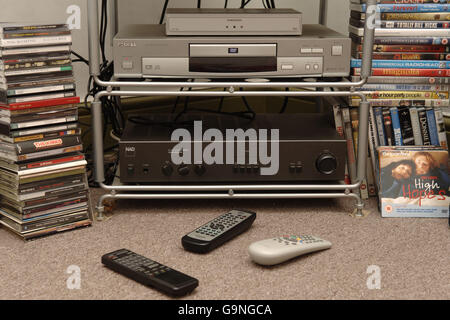 Domestic appliance pics. A picture of a Freeview set top box, DVD player and hi-fi unit. Stock Photo