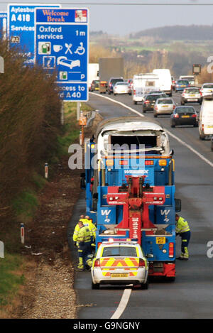 The National Express Coach pictured on the M40, that was involved in an accident on the slip road leading from junction 4B of the M4 east bound to the M25 junction 15 clockwise which resulted in the death of two people. Stock Photo