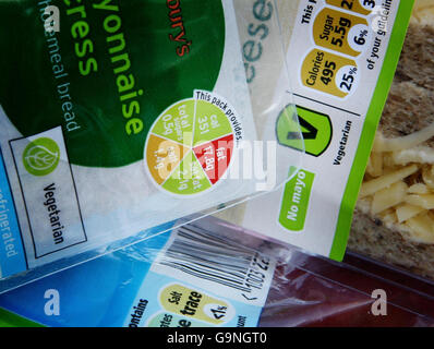 Sainsbury's traffic light system label (left) and Tesco's percentage values label which are examples of contrasting new supermarket food labelling, showing consumers how healthy the food is contained in the packaging. Stock Photo