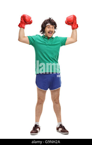 Full length portrait of a retro boxer with red boxing gloves isolated on white background Stock Photo