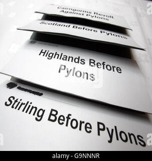 Place names on a table in Perth prior to the start of the public inquiry into plans to build a 137-mile overhead power line through the Scottish countryside. Stock Photo