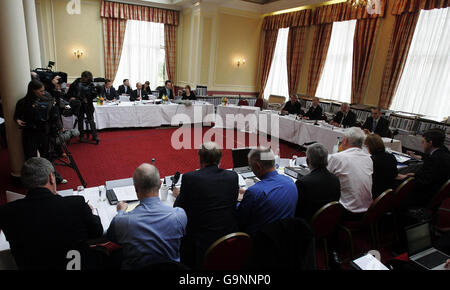 Delegates and officials attend the start of the public inquiry in Perth into plans to build a 137-mile overhead power line through the Scottish countryside. Stock Photo