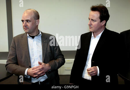 Leader of the Conservative Party David Cameron (right) stands alongside Swedish Prime Minister Fredrik Reinfeldt at the Scania Factory in Sweden. Stock Photo