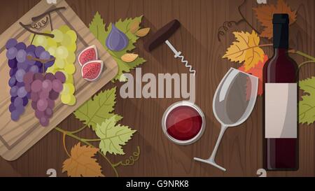 Wine tasting banner with bottle, red wine glass, corkscrew and grapes on a wooden cutting board, top view Stock Vector