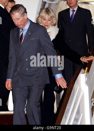 Britain's Prince Charles, the Prince of Wales, and Camilla, the Duchess of Cornwall, arrive at Kuwait International Airport. Stock Photo