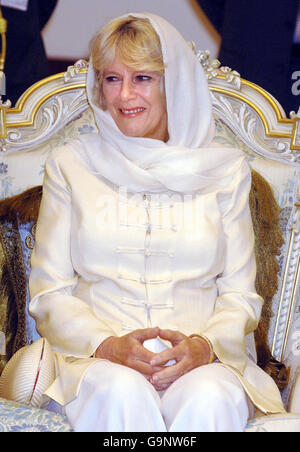 The Duchess of Cornwall takes a rest during a tour of the Grand Mosque in Kuwait City. Stock Photo