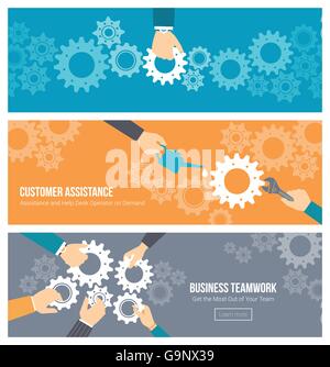 Business teamwork, leadership and support concept, office workers's hands joining gears together, repairing and lubricating them Stock Vector