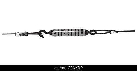 Metallic rope with hook. Industrial scene. Black and white vector graphic. Fasteners theme. Stock Vector