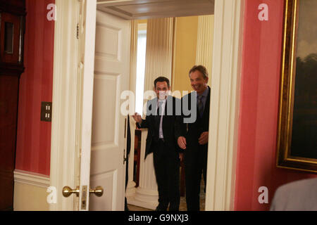 British Prime Minister Tony Blair (left) meets French right-wing presidential candidate Nicolas Sarkozy at 10 Downing Street in London. Stock Photo