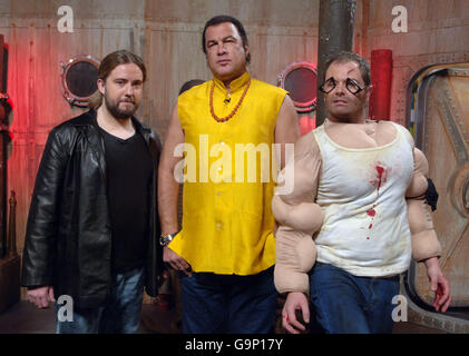 (left-right) Justin Lee Collins, Alan Carr and guest presenter Steven Seagal film a sketch for the Friday Night Project at the London Studios in central London. Stock Photo