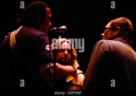 (left-right) Steven Seagal, Justin Lee Collins and Alan Carr during filming for Channel Four's 'The Friday Night Project' at the Wycombe Swan Theatre in High Wycombe. Stock Photo